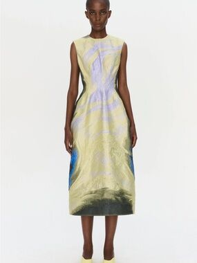 Simkhai Sleeveless Pastel Yellow Midi Dress with Blue & Lilac Accents